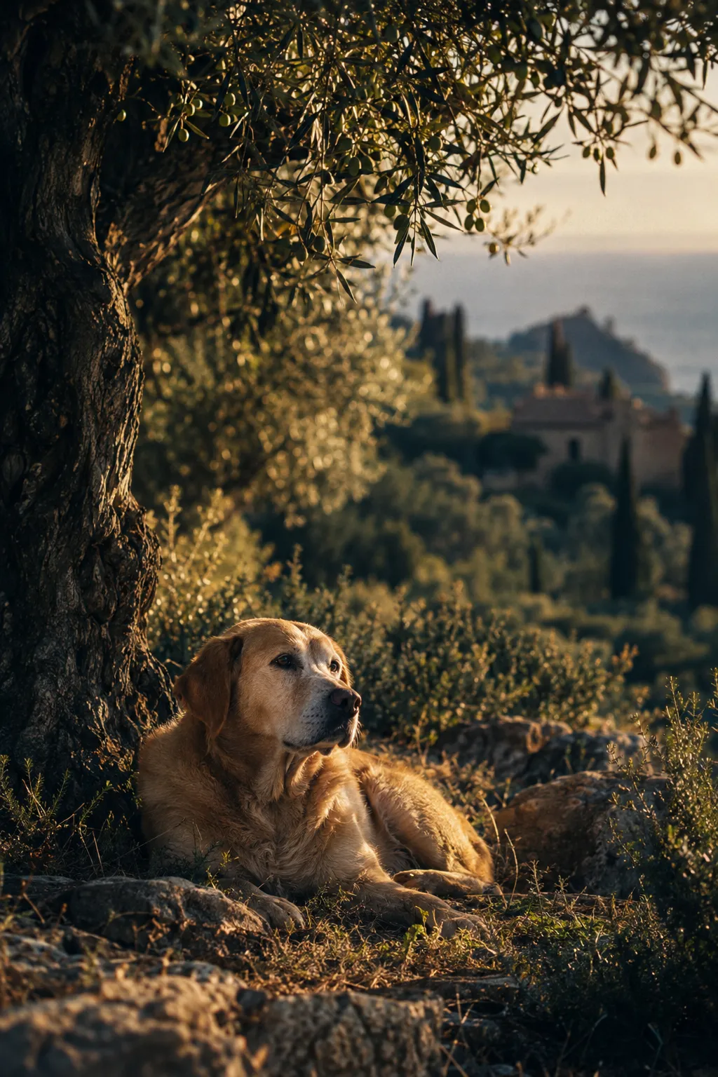 Hund ruht im Schatten eines Olivenbaums