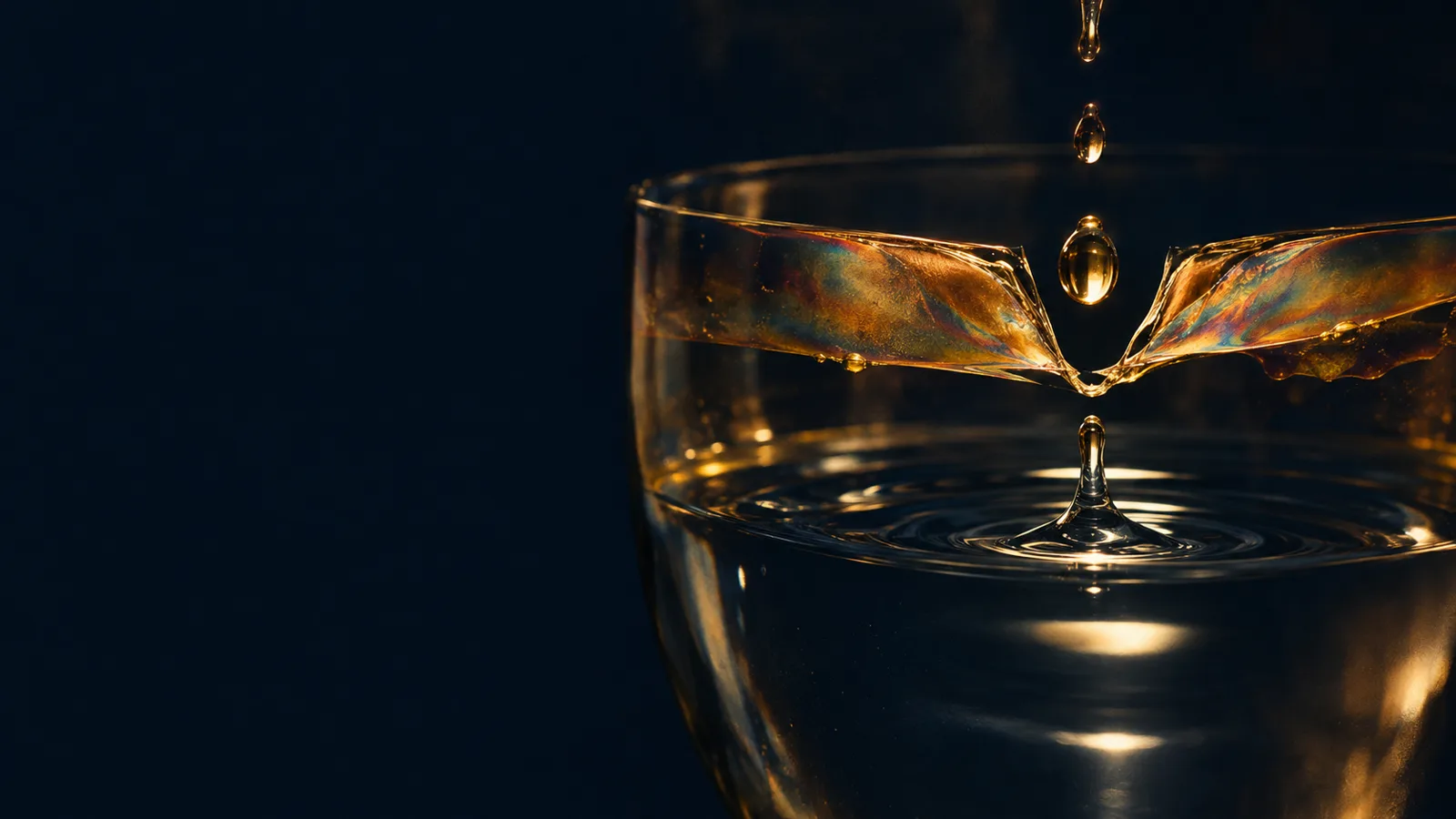 Ein Tropfen fällt in klares Wasser, ein goldener Ölfilm wird auseinandergezogen
