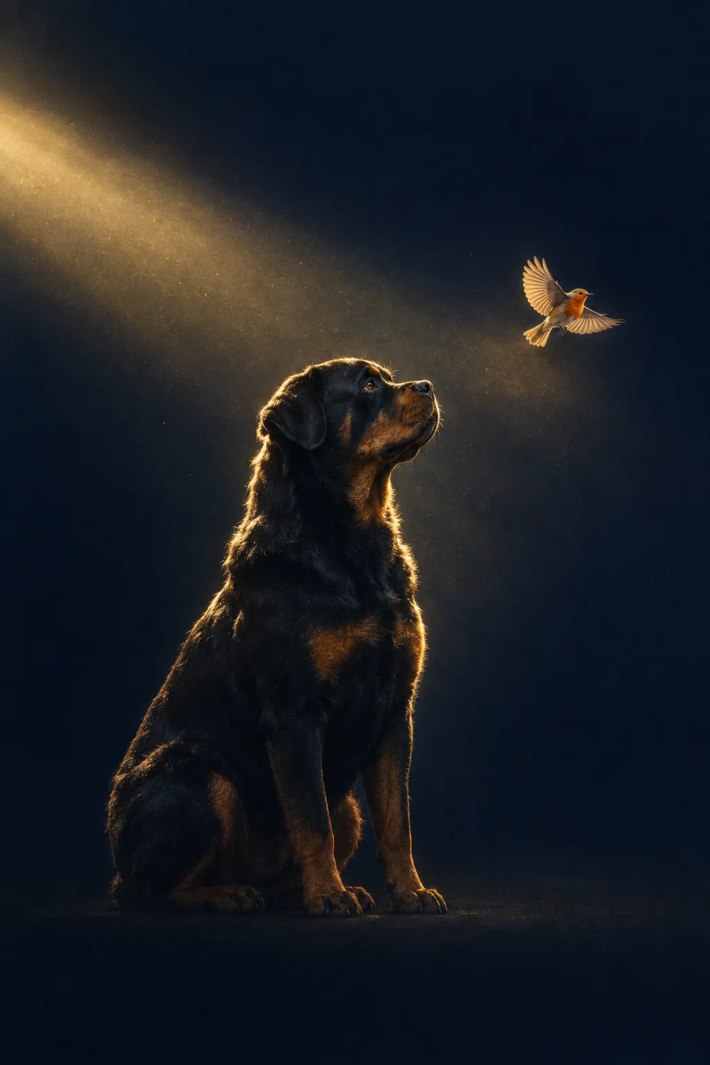 Rottweiler im goldenen Lichtkegel, über ihm ein fliegendes Rotkehlchen