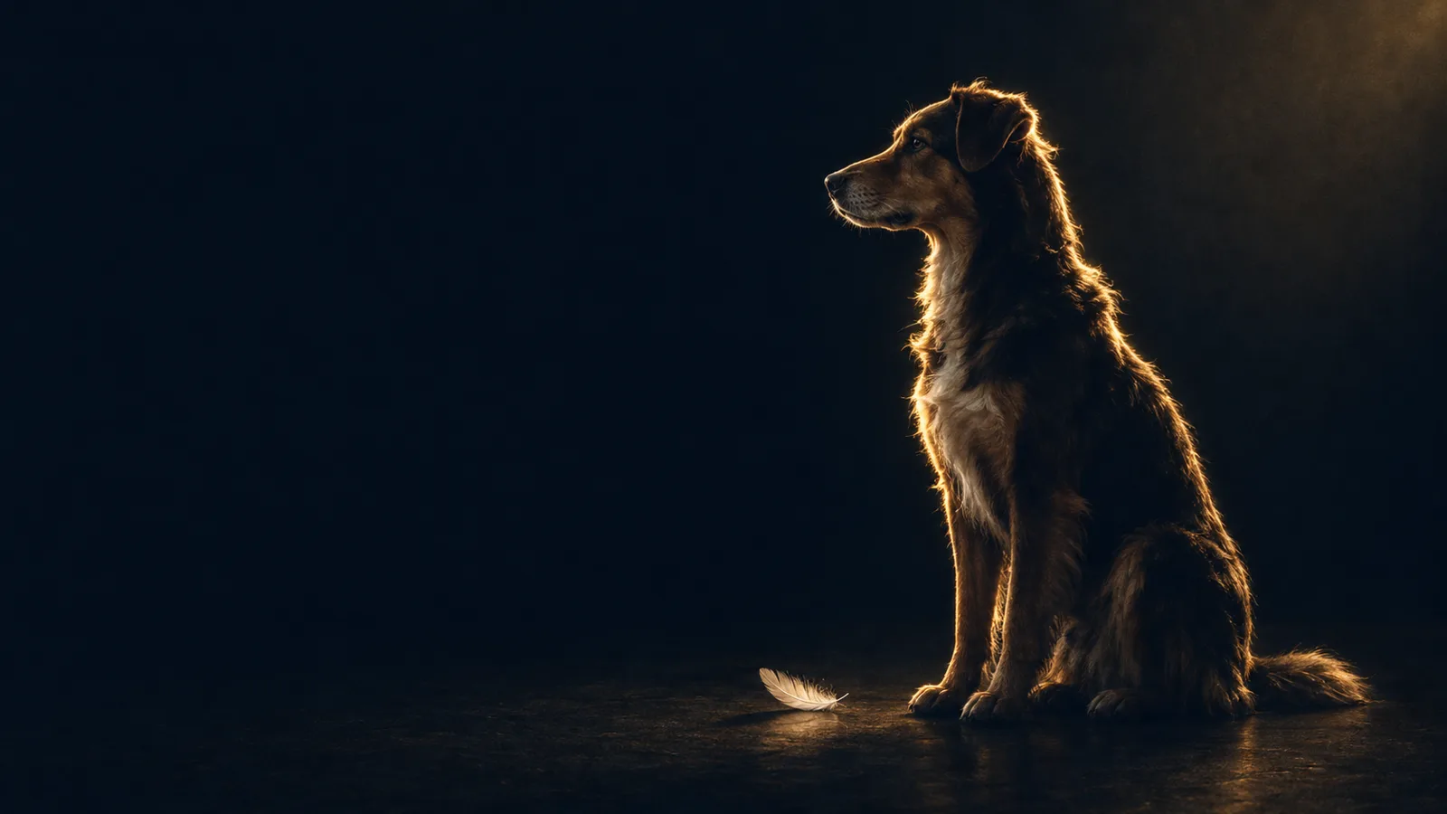 Hund im Profil, von goldenem Gegenlicht umrissen, davor eine Feder