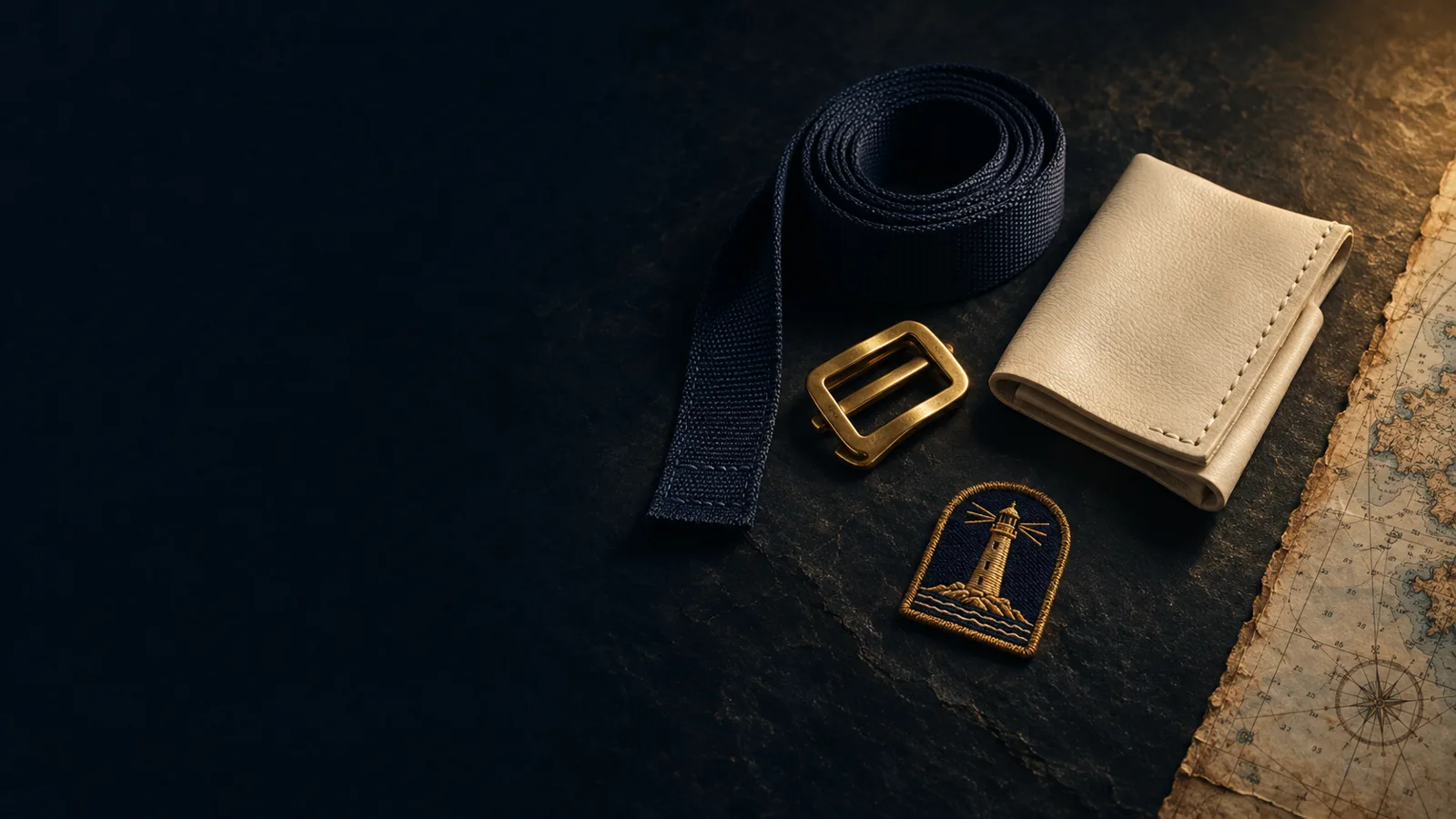 Reiserucksack in Navy und Elfenbein mit gesticktem goldenem Leuchtturm im warmen Licht