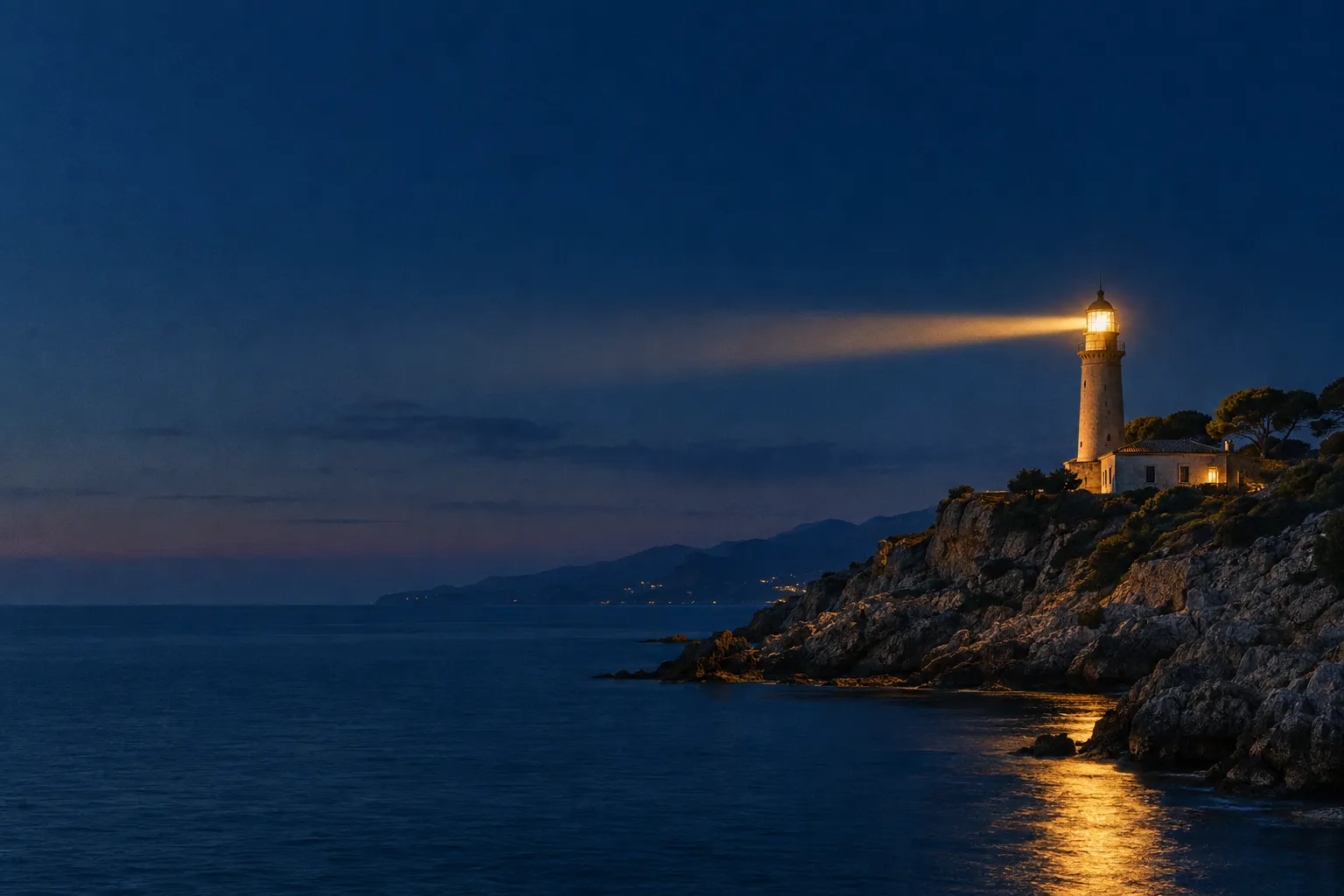 Leuchtturm an einer Felsküste zur blauen Stunde