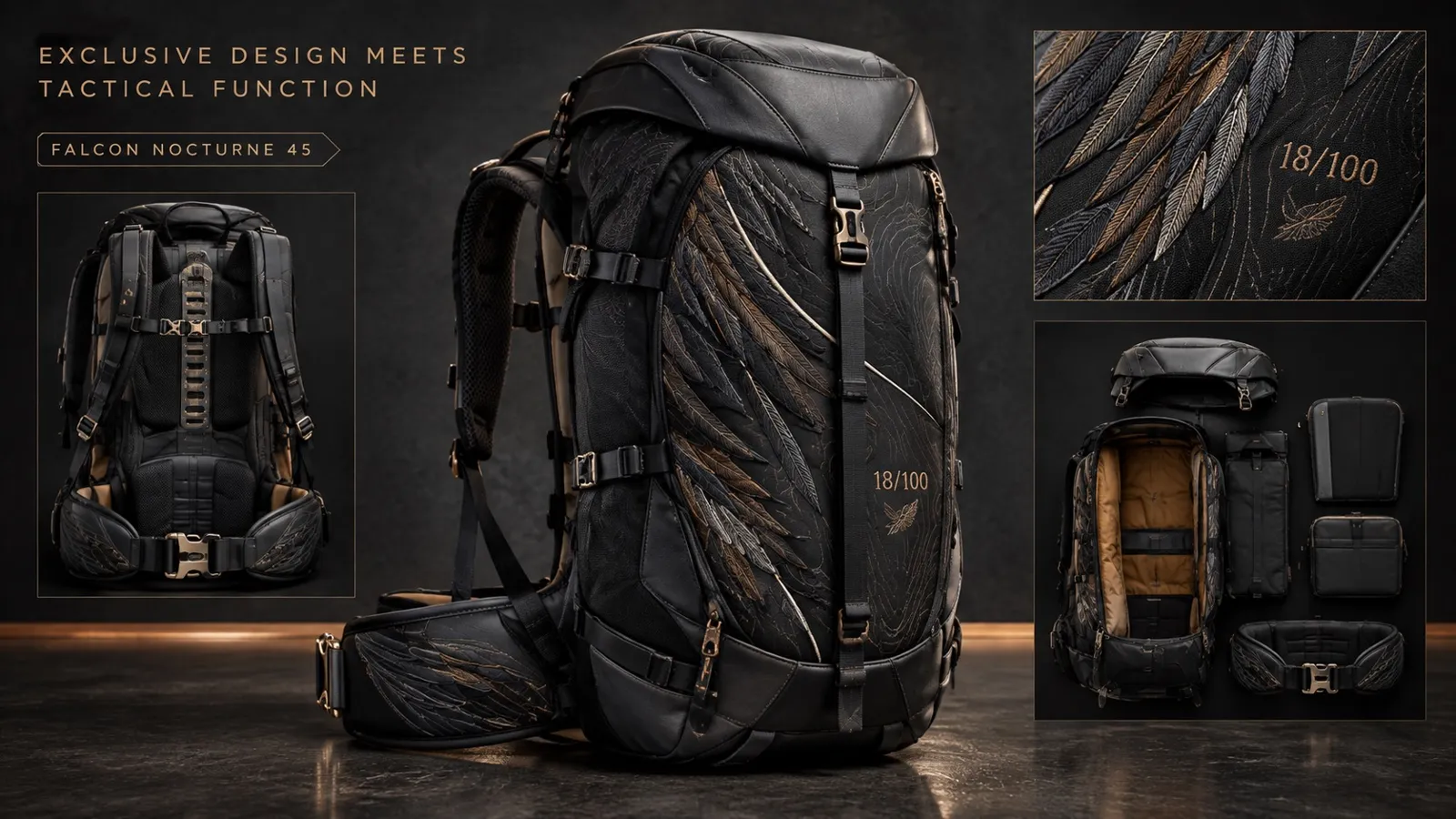 Schwarzer Rucksack mit einer in Gold gestickten Feder