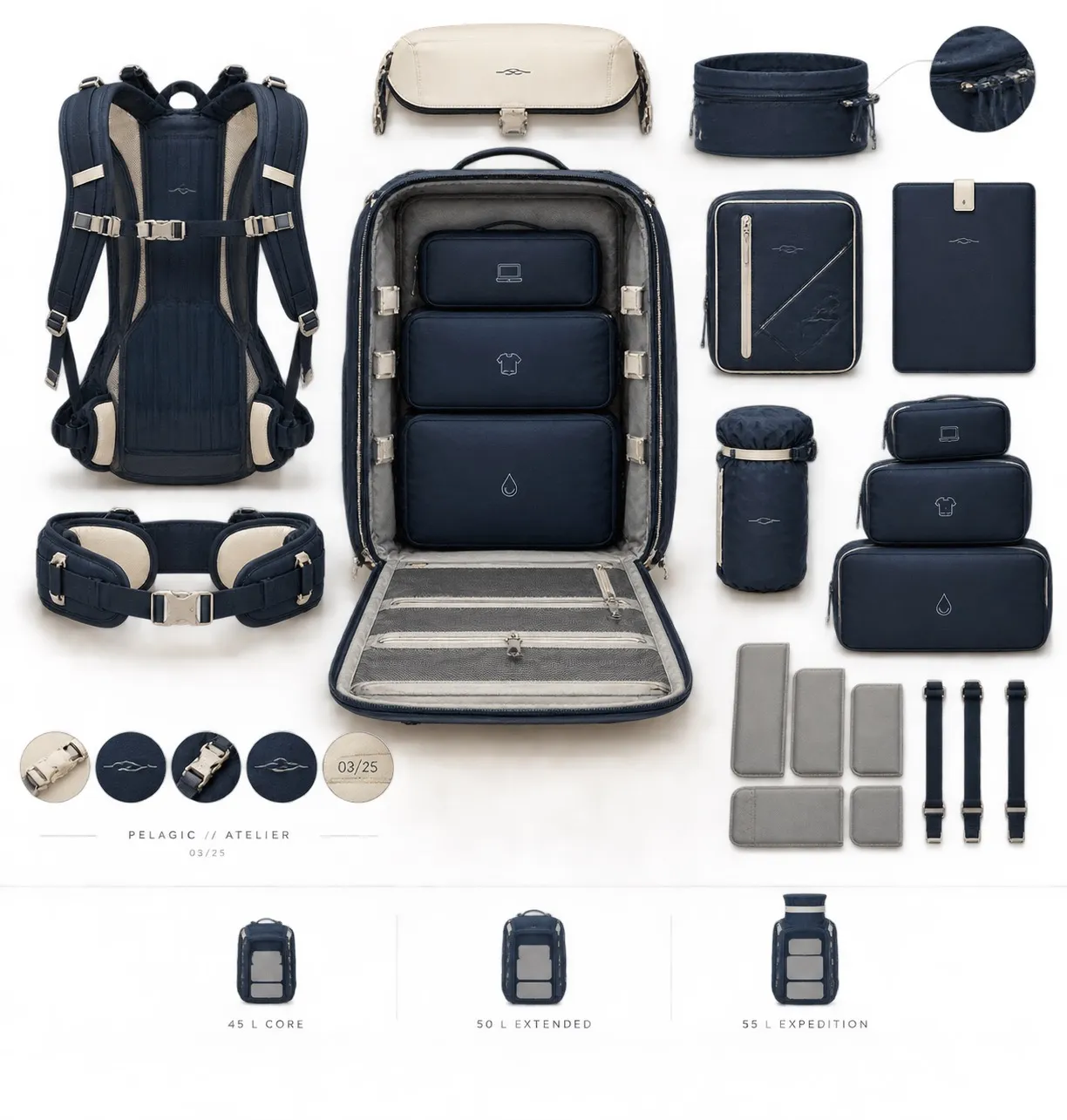 Geöffneter Rucksack mit herausgenommenen Modulen für Technik, Kleidung und Dokumente