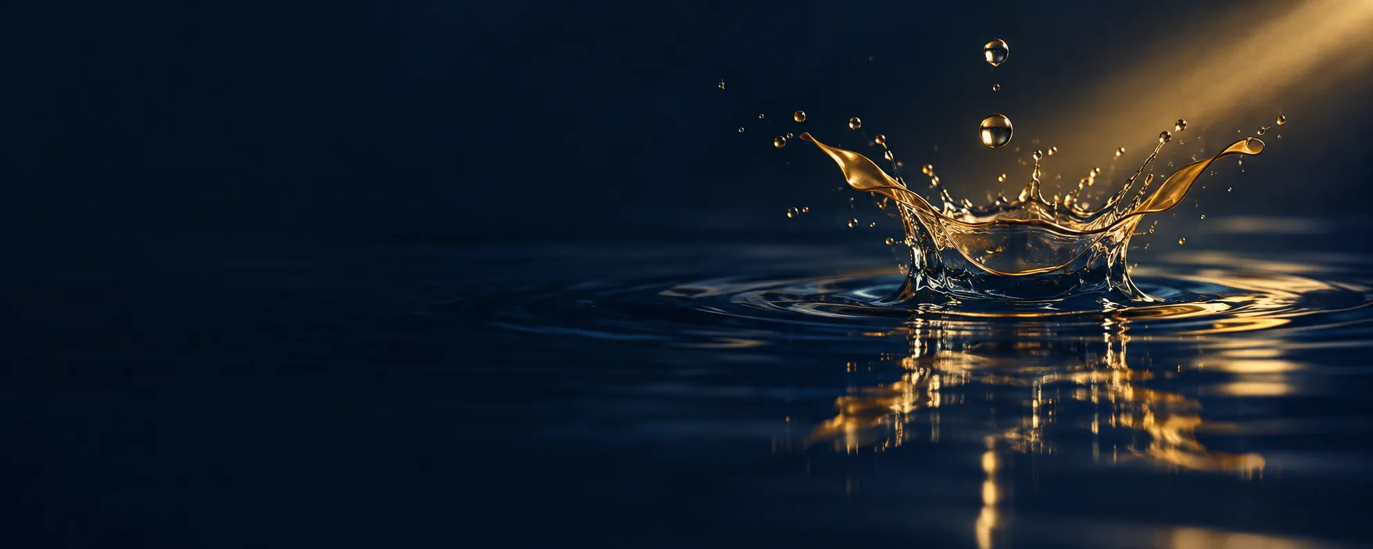 Ein Tropfen fällt in klares Wasser, ein goldener Ölfilm wird auseinandergezogen