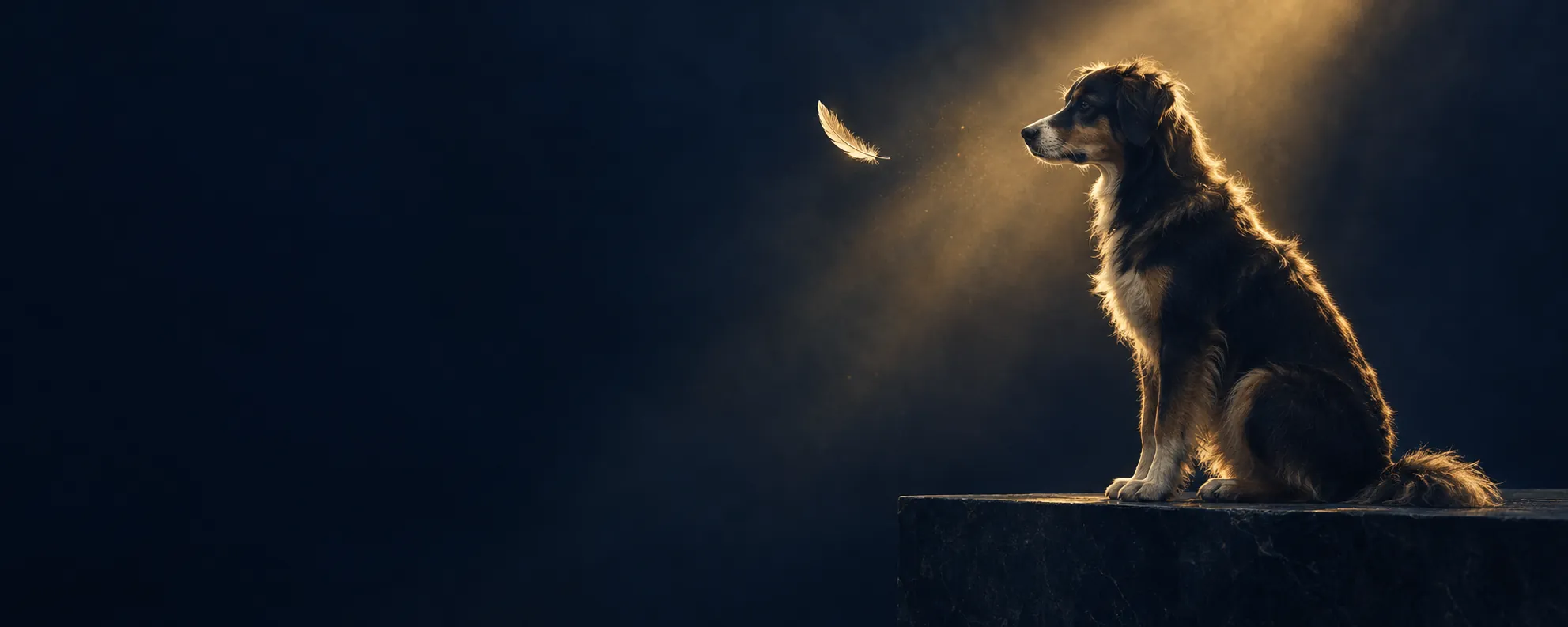 Hund im Profil, von goldenem Gegenlicht umrissen, davor eine Feder