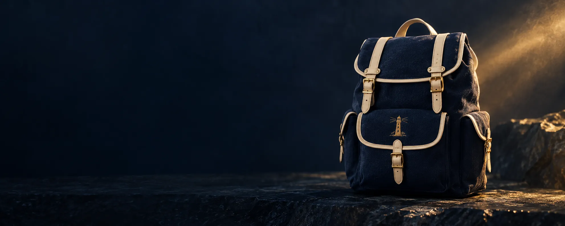Reiserucksack in Navy und Elfenbein mit gesticktem goldenem Leuchtturm im warmen Licht