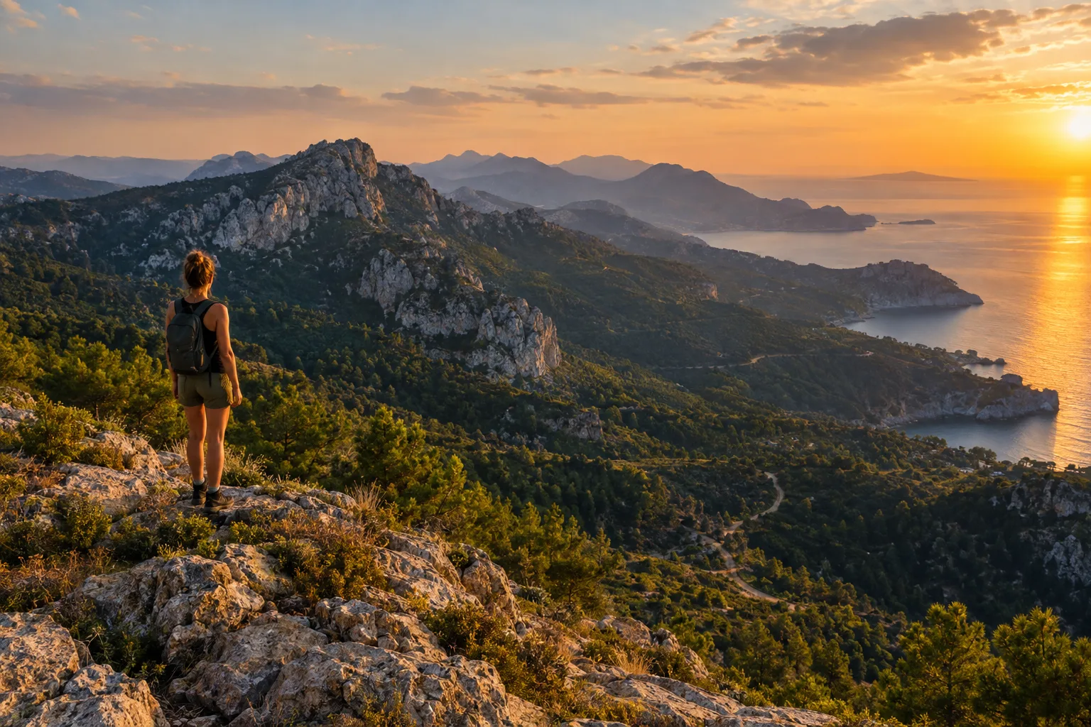 Wanderin auf einem Felsgrat über einer Mittelmeerküste bei Sonnenuntergang